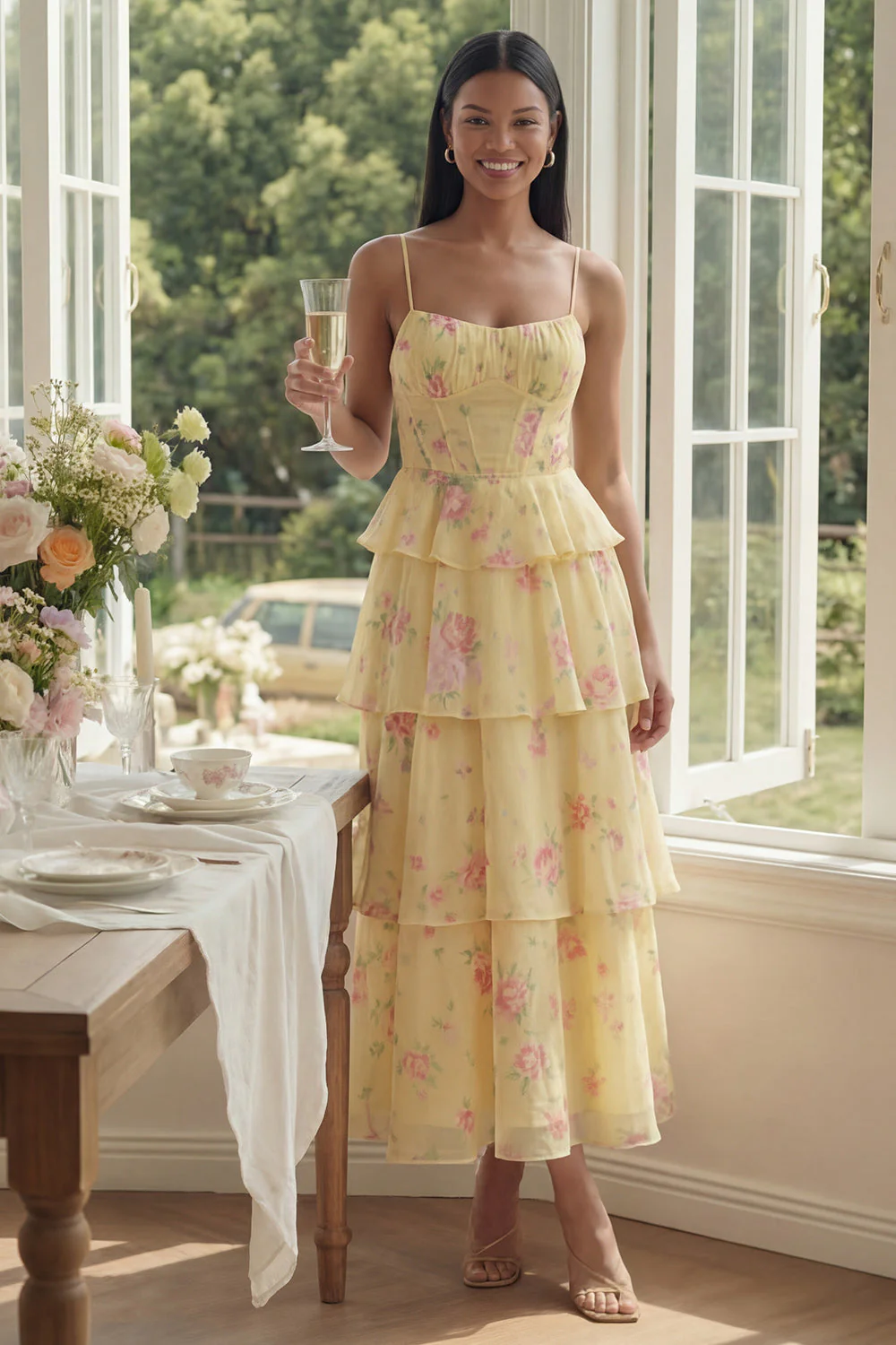 White Pink Flower Tiered A-Line Spaghetti Straps Long Floral Dress - Image 7