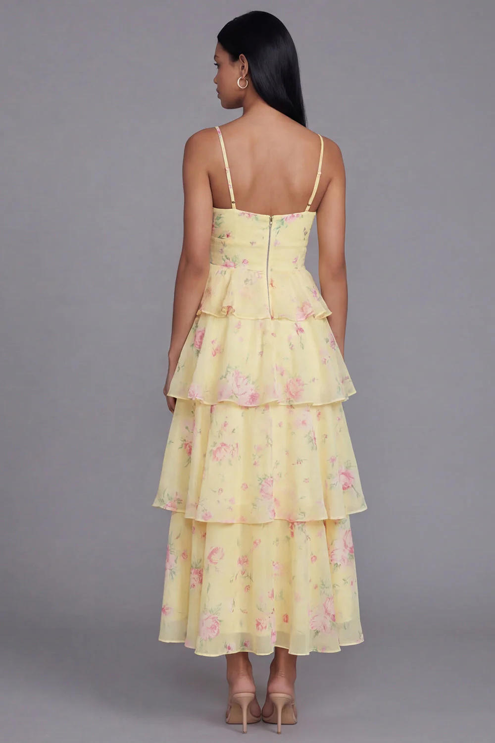 White Pink Flower Tiered A-Line Spaghetti Straps Long Floral Dress - Image 8