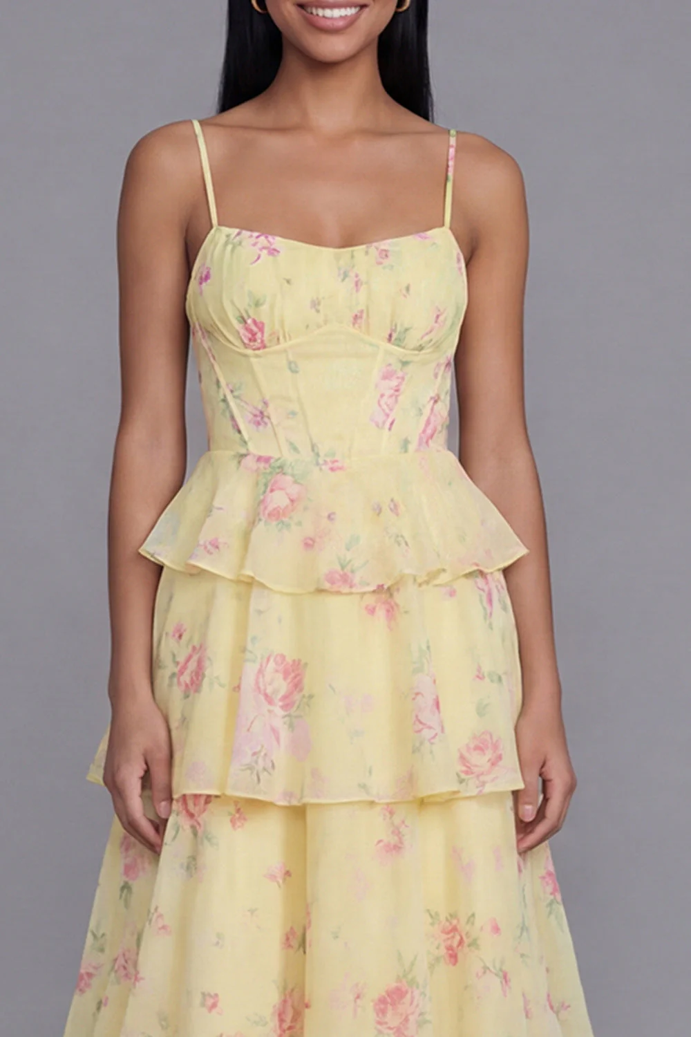 White Pink Flower Tiered A-Line Spaghetti Straps Long Floral Dress - Image 9