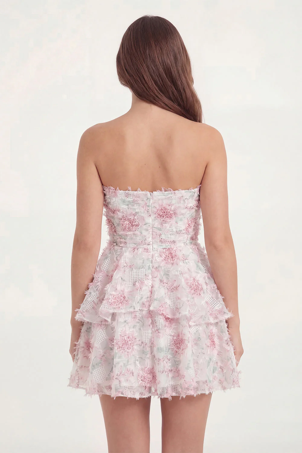 White Pink Flower Ruffled Strapless A Line Graduation Dress - Image 2