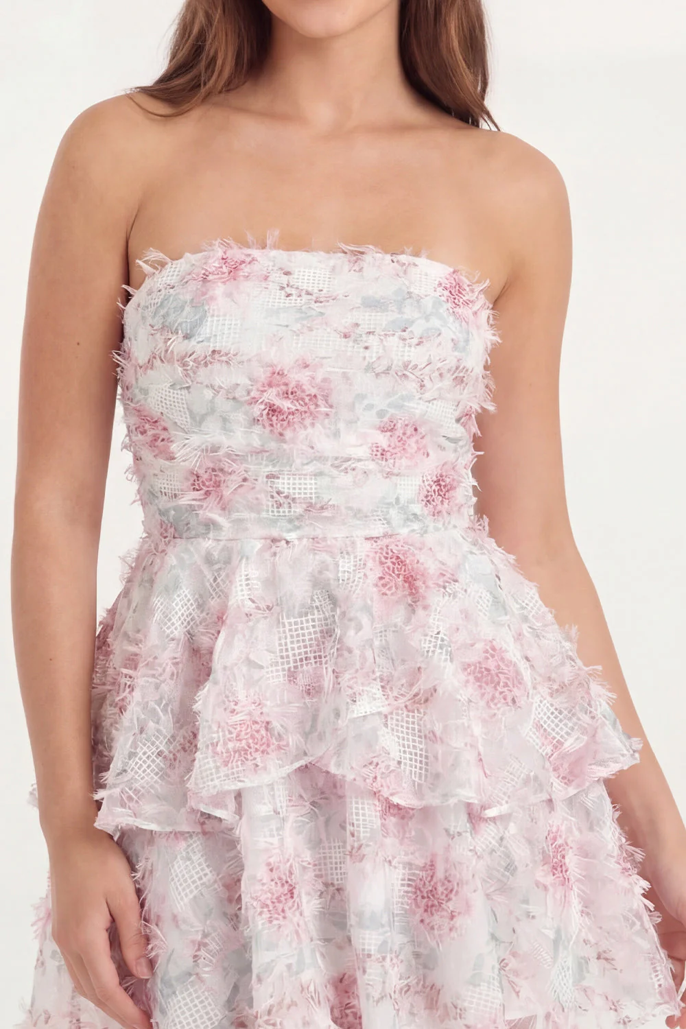 White Pink Flower Ruffled Strapless A Line Graduation Dress - Image 4