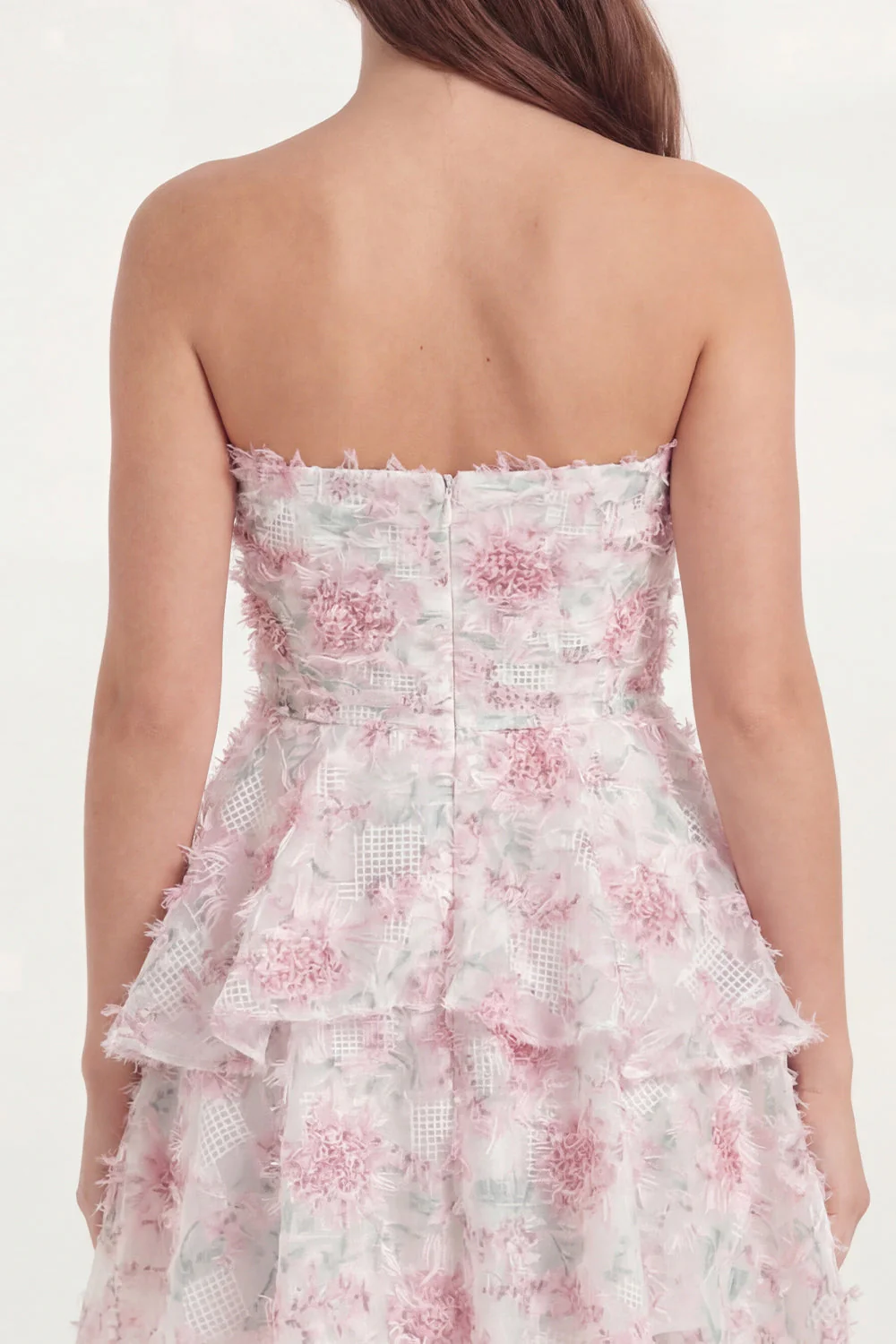 White Pink Flower Ruffled Strapless A Line Graduation Dress - Image 5