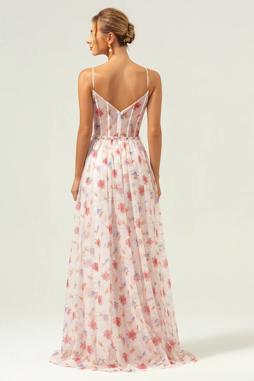White Red Floral A Line Spaghetti Straps Corset Long Bridesmaid Dress - Image 2