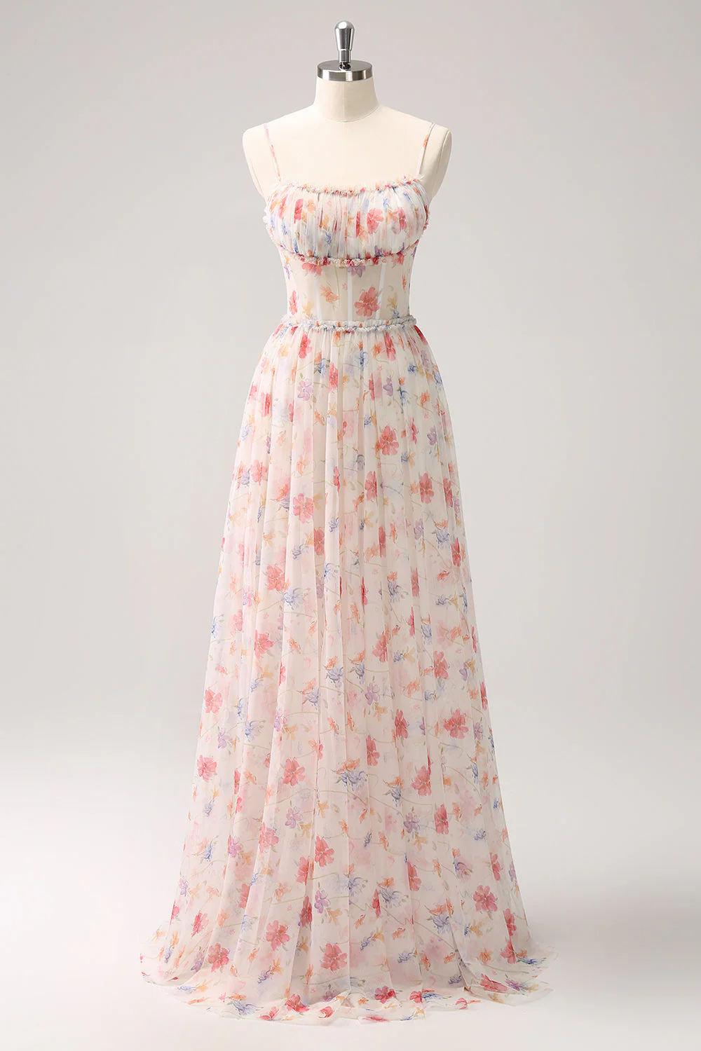 White Red Floral A Line Spaghetti Straps Corset Long Bridesmaid Dress - Image 3