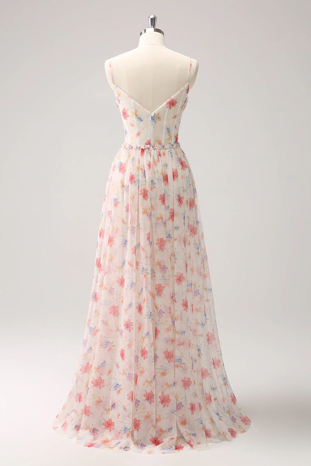 White Red Floral A Line Spaghetti Straps Corset Long Bridesmaid Dress - Image 4