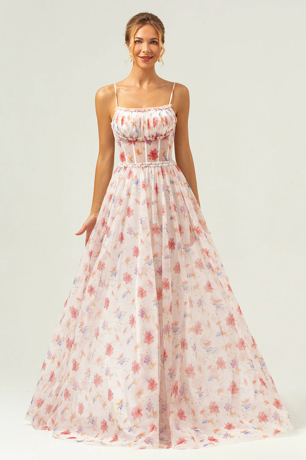 White Red Floral A Line Spaghetti Straps Corset Long Bridesmaid Dress - Image 5