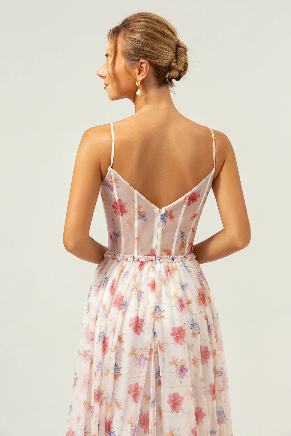 White Red Floral A Line Spaghetti Straps Corset Long Bridesmaid Dress - Image 7