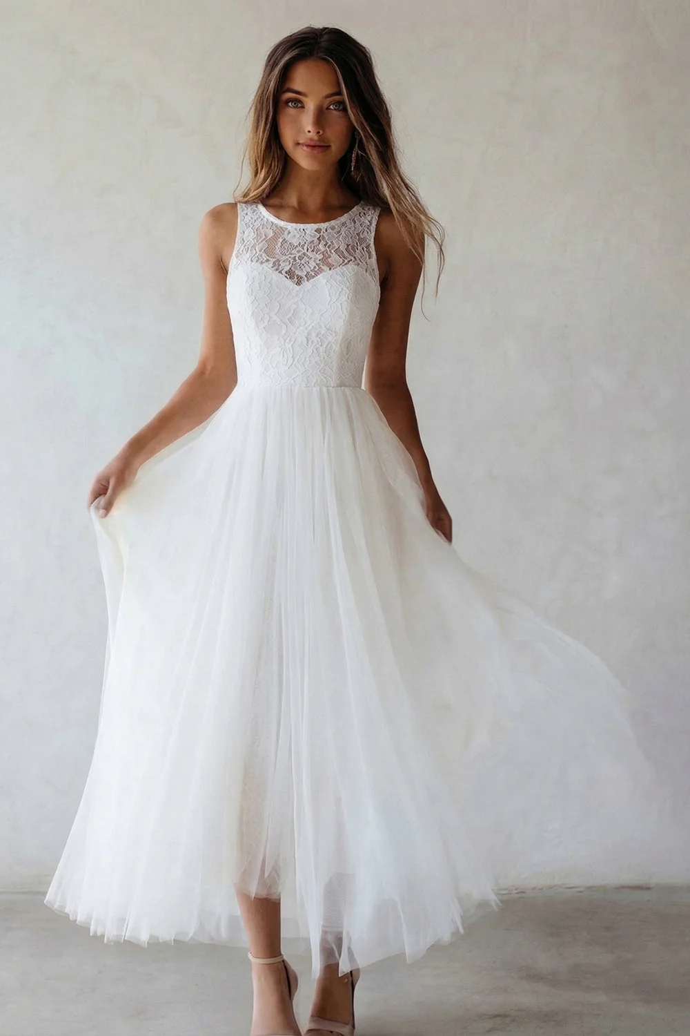 White Round Neck A Line Tulle Lace Engagement Dress