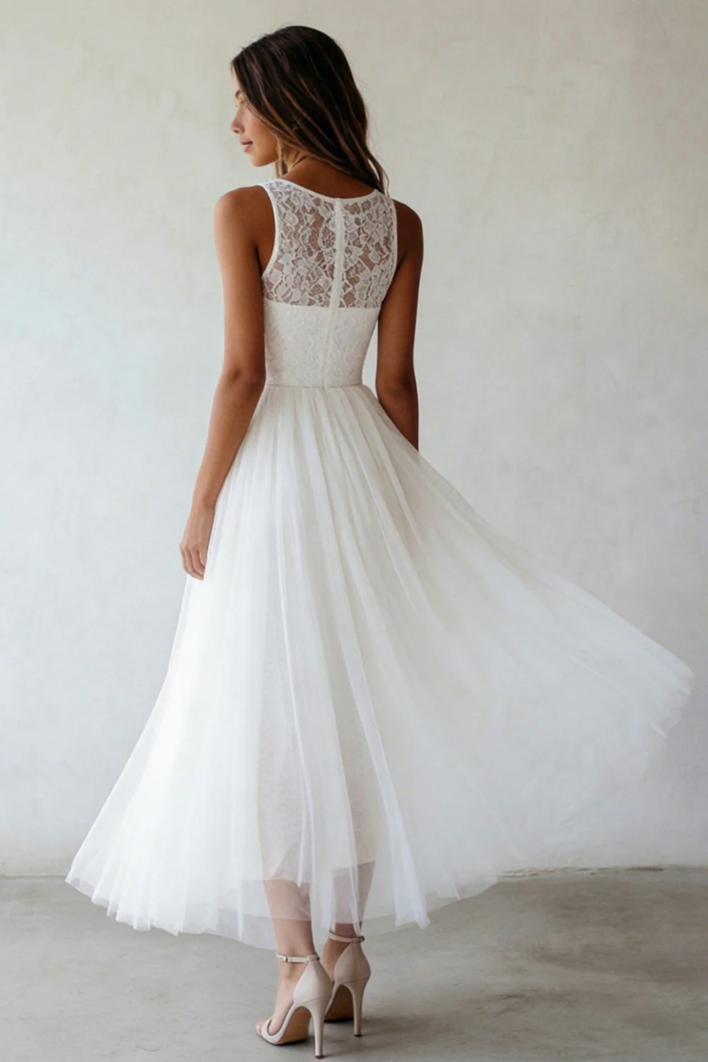 White Round Neck A Line Tulle Lace Engagement Dress - Image 2