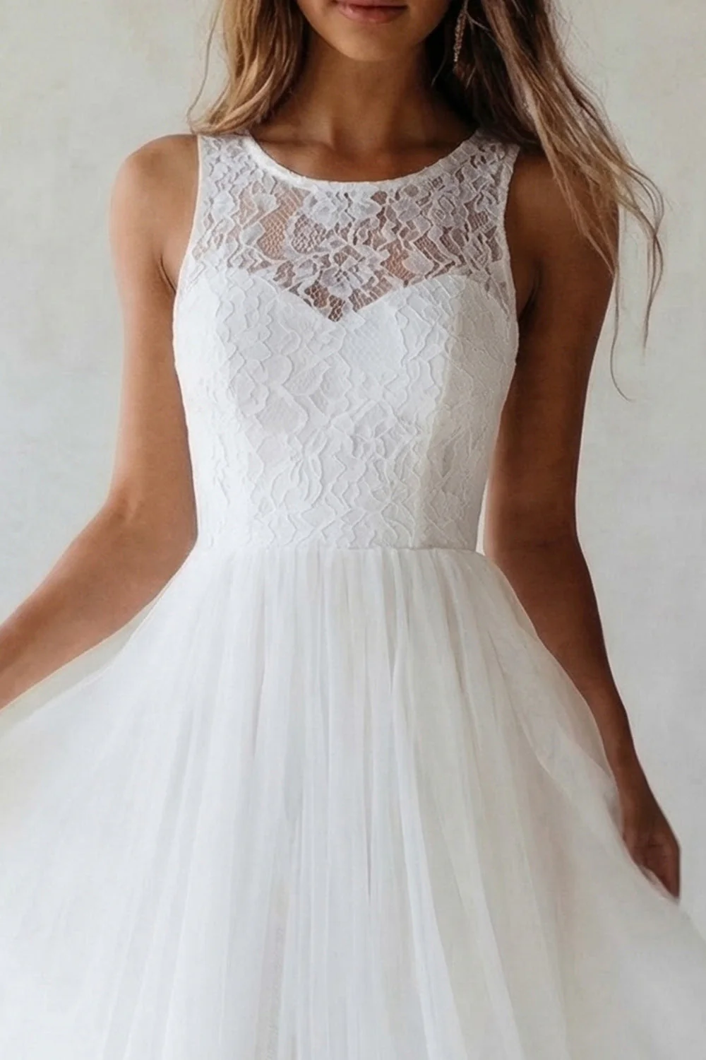 White Round Neck A Line Tulle Lace Engagement Dress - Image 3
