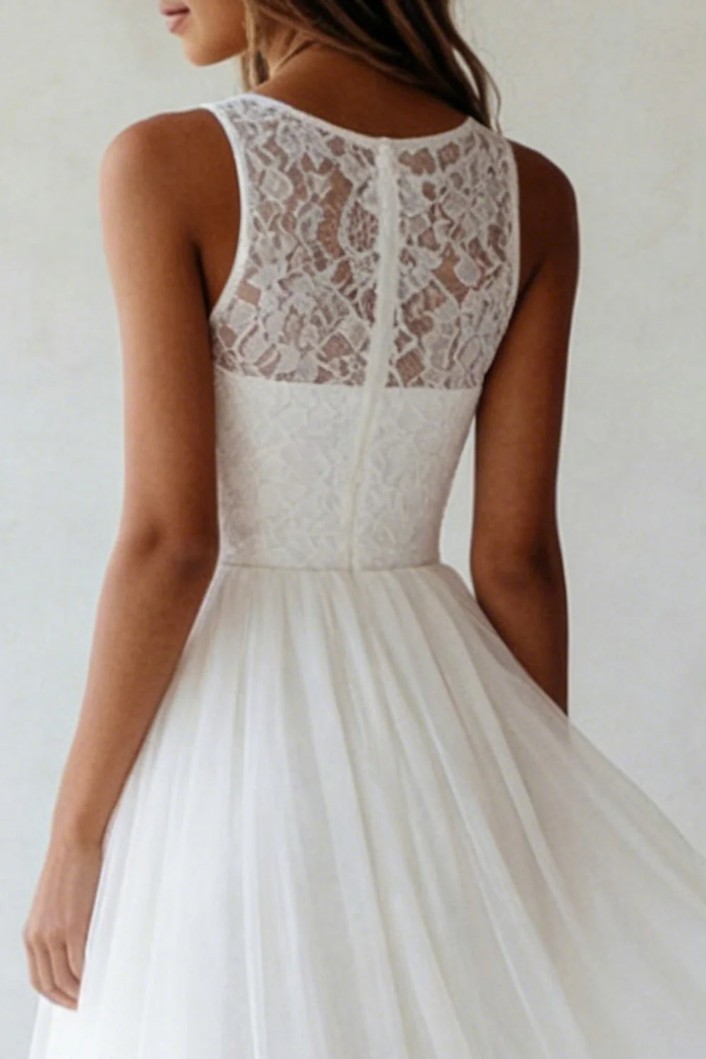 White Round Neck A Line Tulle Lace Engagement Dress - Image 4
