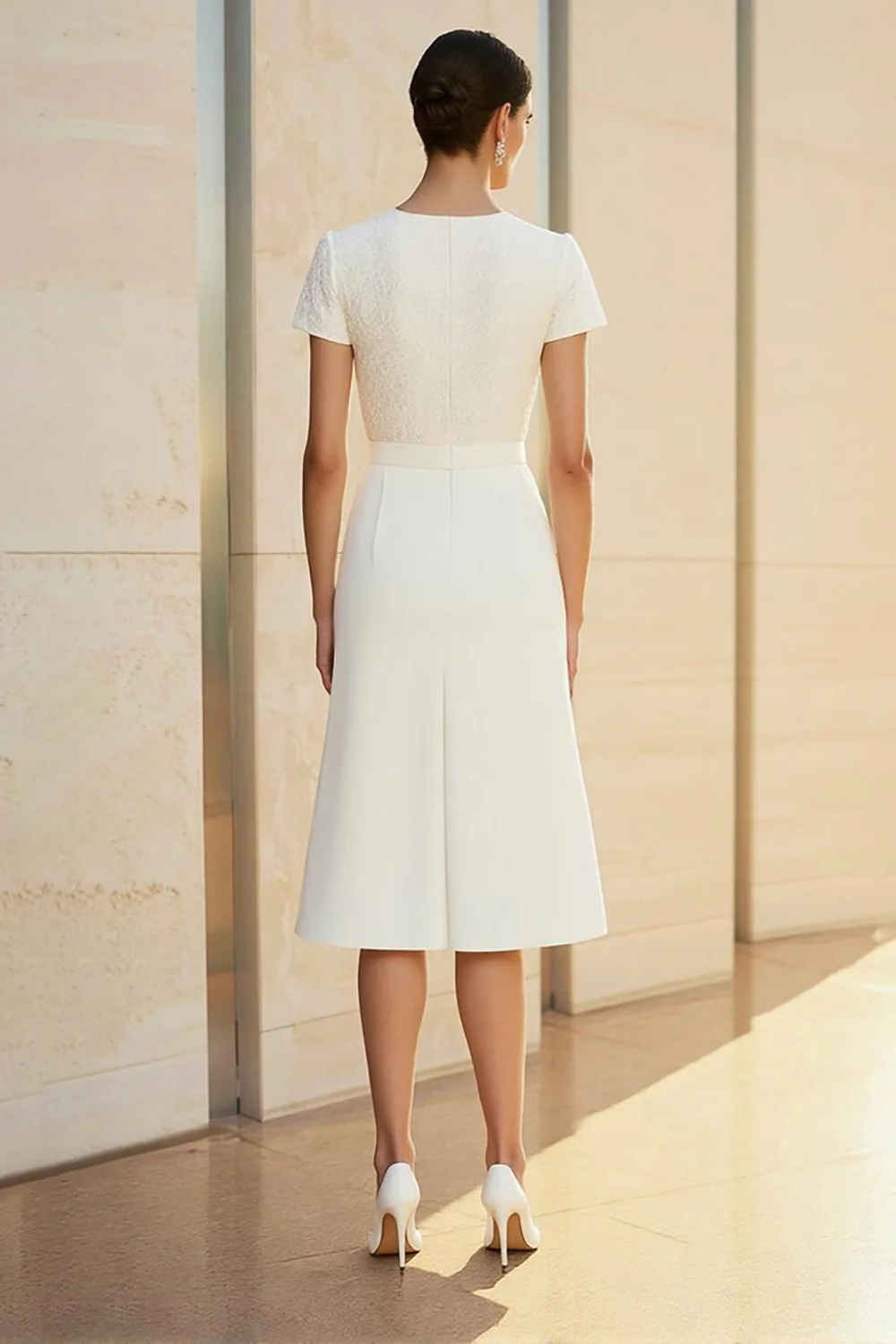 White Round Neck Fitted Straight Pencil Midi Formal Dress - Image 2