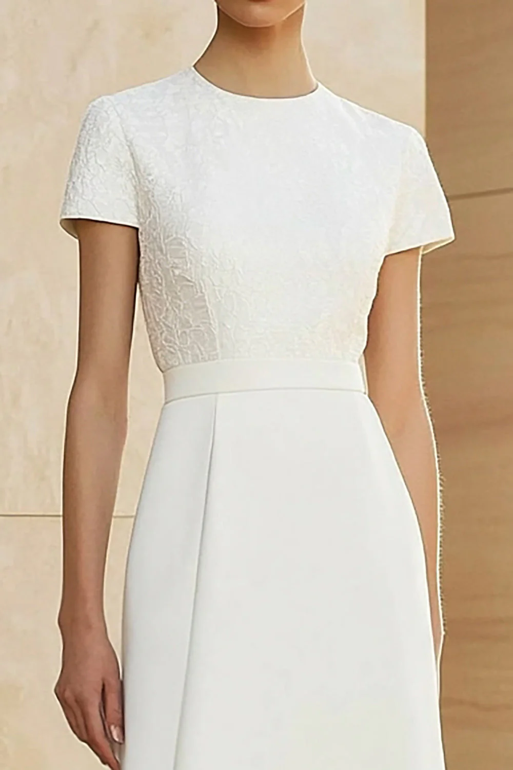 White Round Neck Fitted Straight Pencil Midi Formal Dress - Image 3