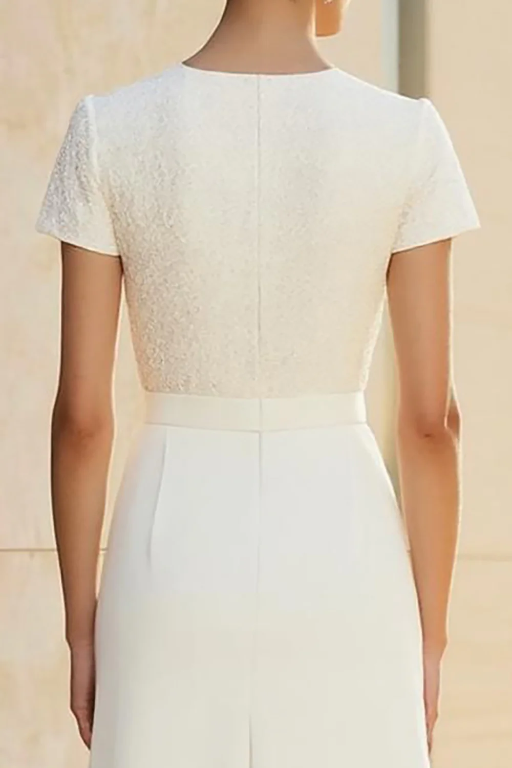 White Round Neck Fitted Straight Pencil Midi Formal Dress - Image 4