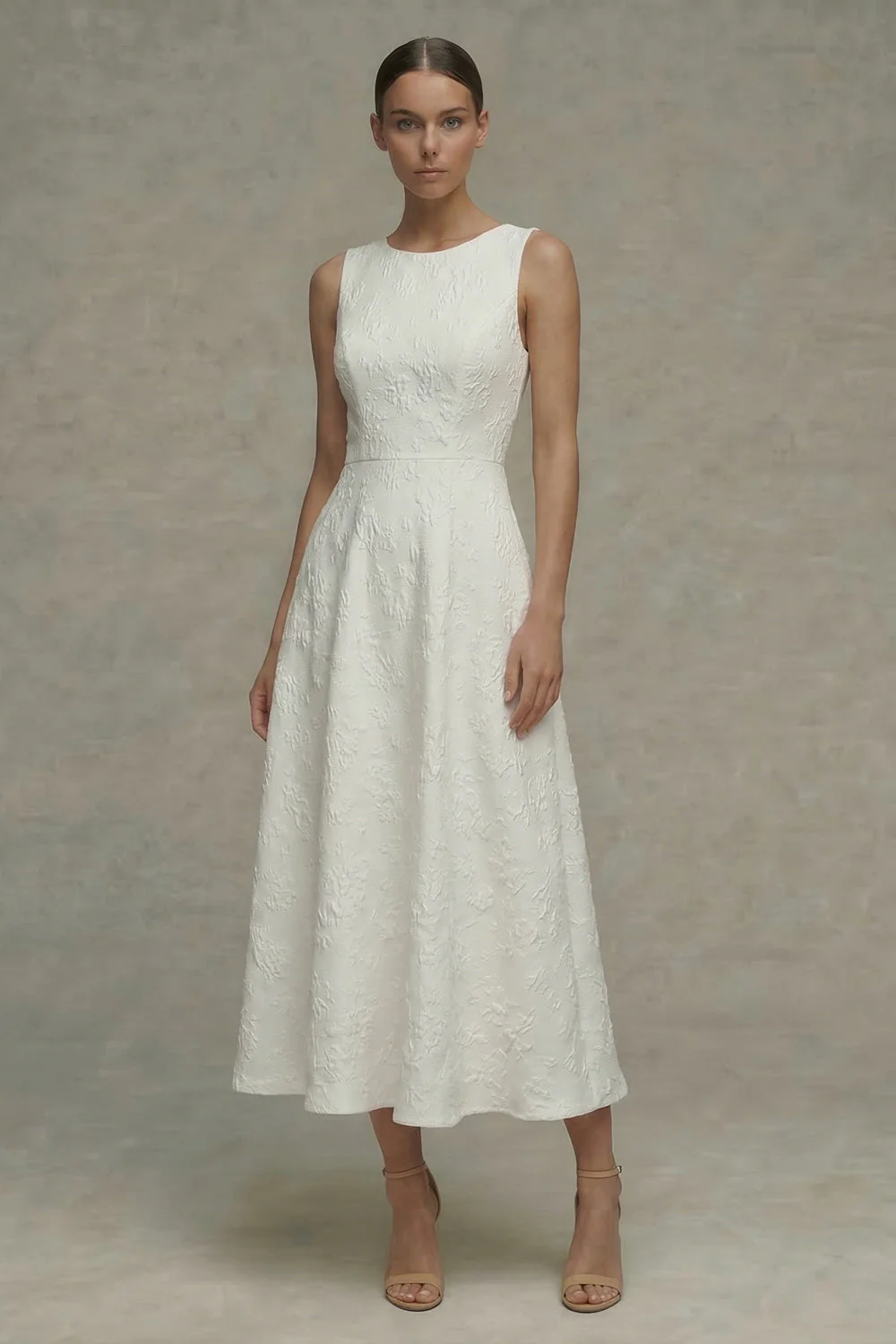 White Round Neck Jacquard A Line Engagement Dress