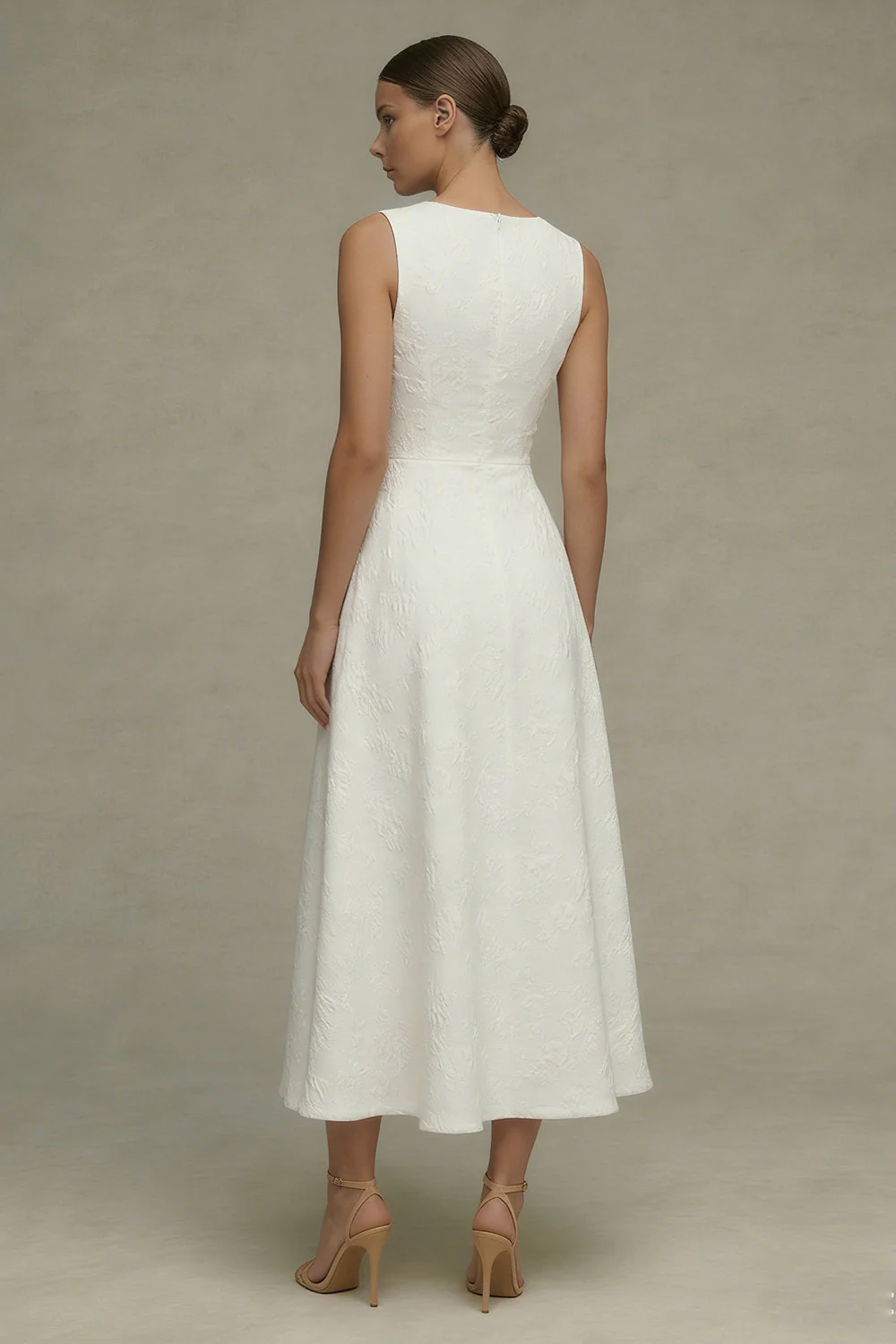 White Round Neck Jacquard A Line Engagement Dress - Image 2