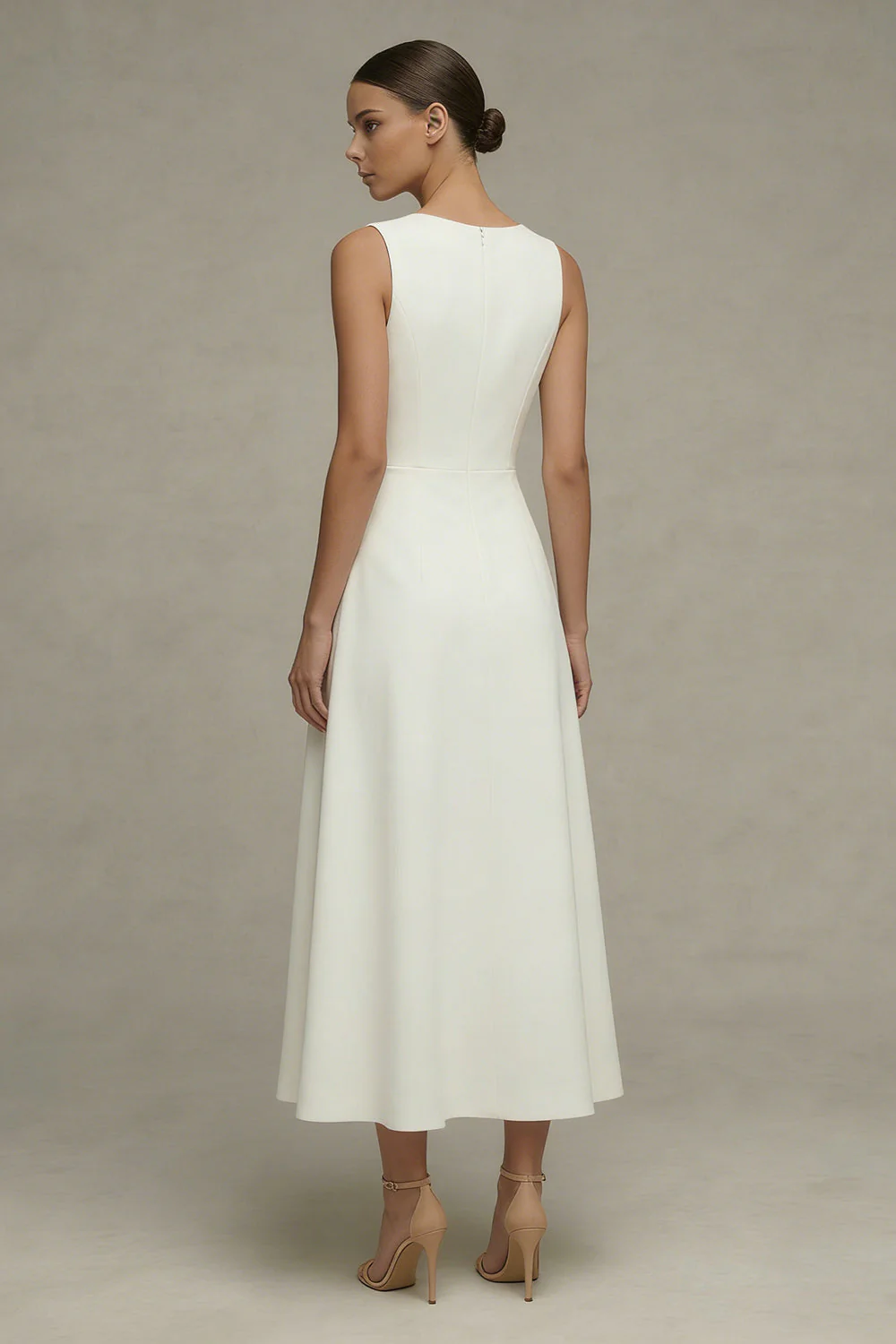 White Round Neck Sleeveless A Line Engagement Dress - Image 3