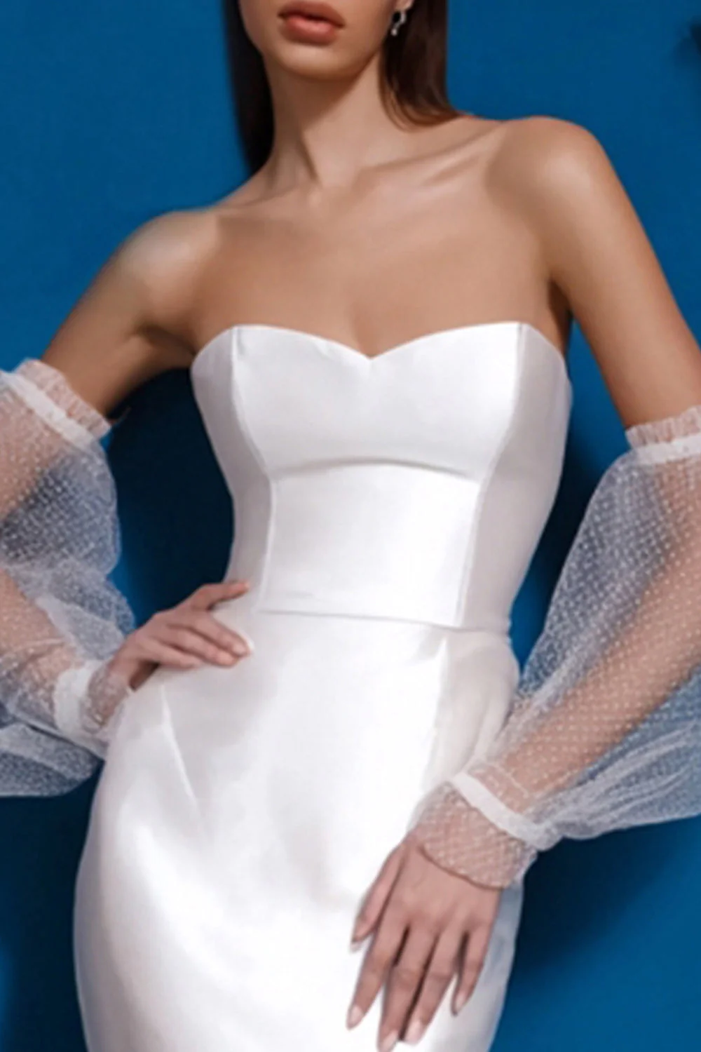 White Satin Bodycon Sweetheart Midi Wedding Dress - Image 2