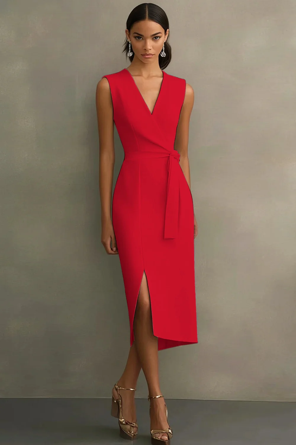 White Satin V-Neck Formal Dress with Belt - Image 10