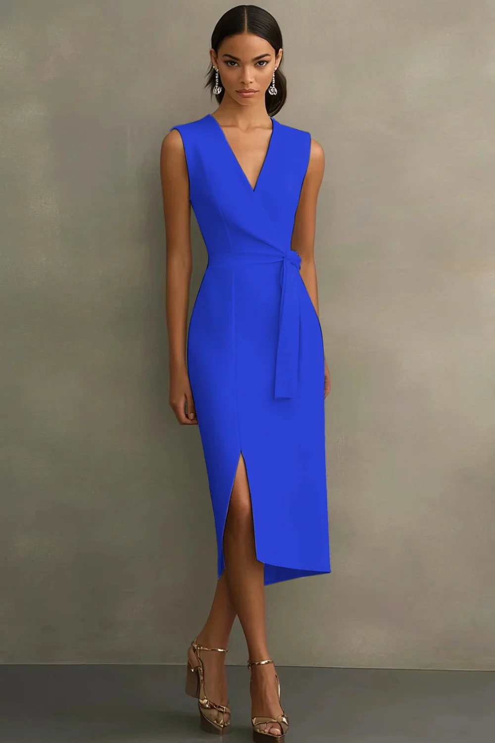 White Satin V-Neck Formal Dress with Belt - Image 11