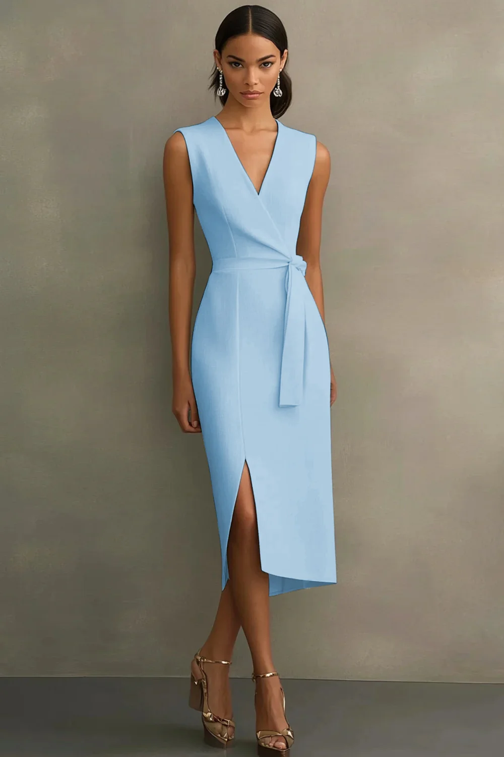 White Satin V-Neck Formal Dress with Belt - Image 12
