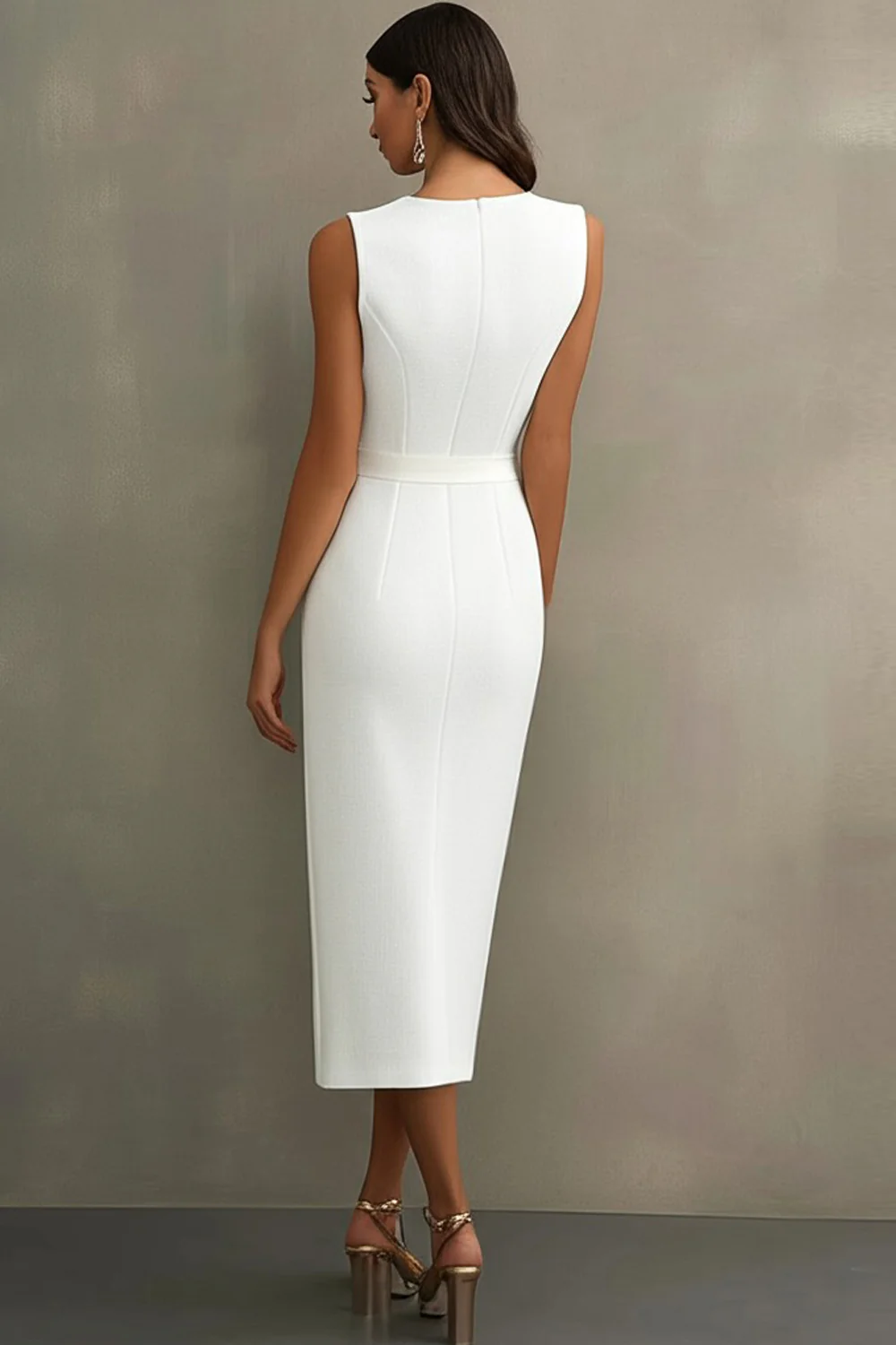 White Satin V-Neck Formal Dress with Belt - Image 2