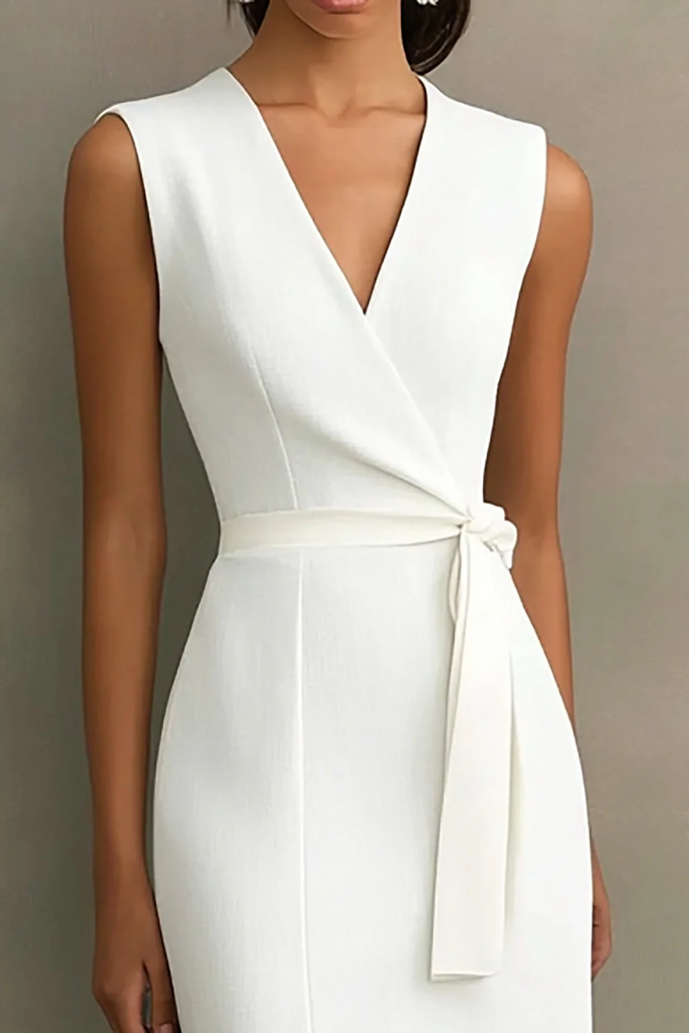 White Satin V-Neck Formal Dress with Belt - Image 3