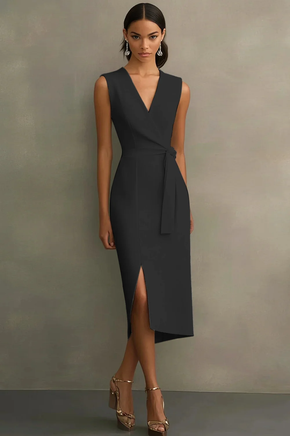 White Satin V-Neck Formal Dress with Belt - Image 4