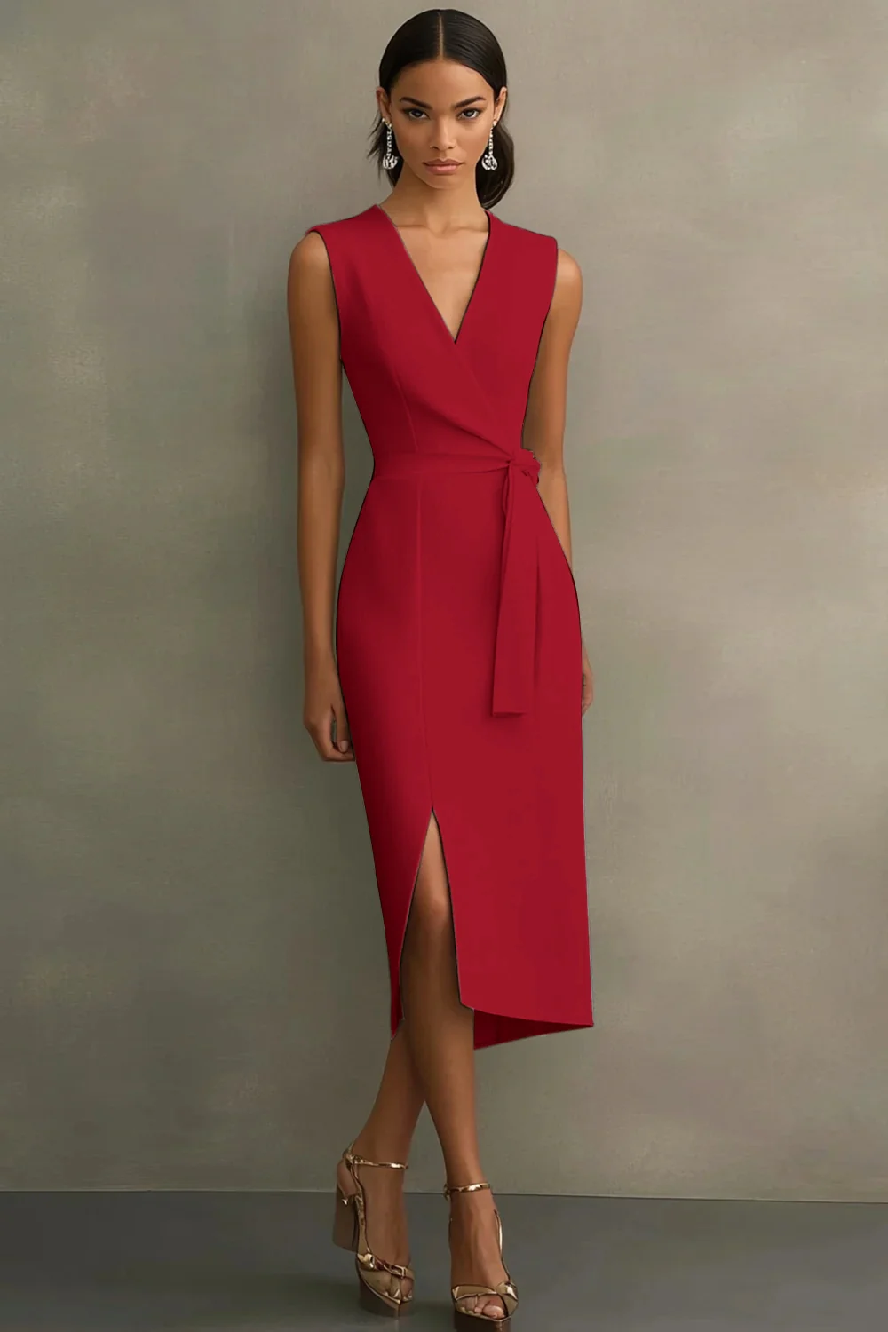 White Satin V-Neck Formal Dress with Belt - Image 5