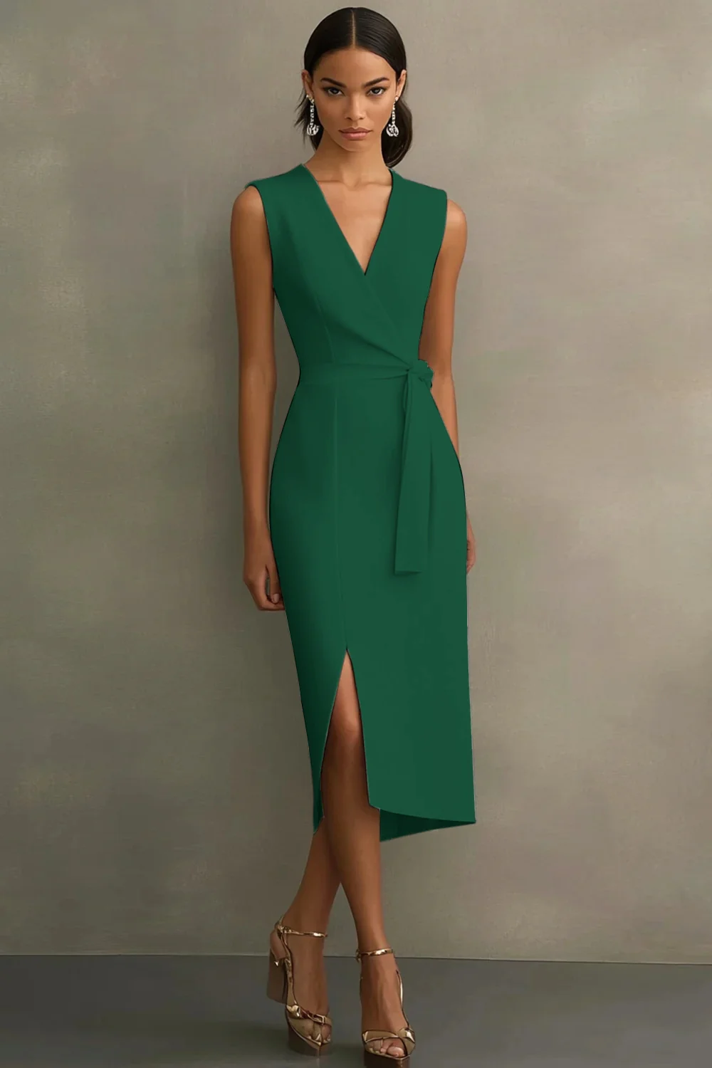 White Satin V-Neck Formal Dress with Belt - Image 6