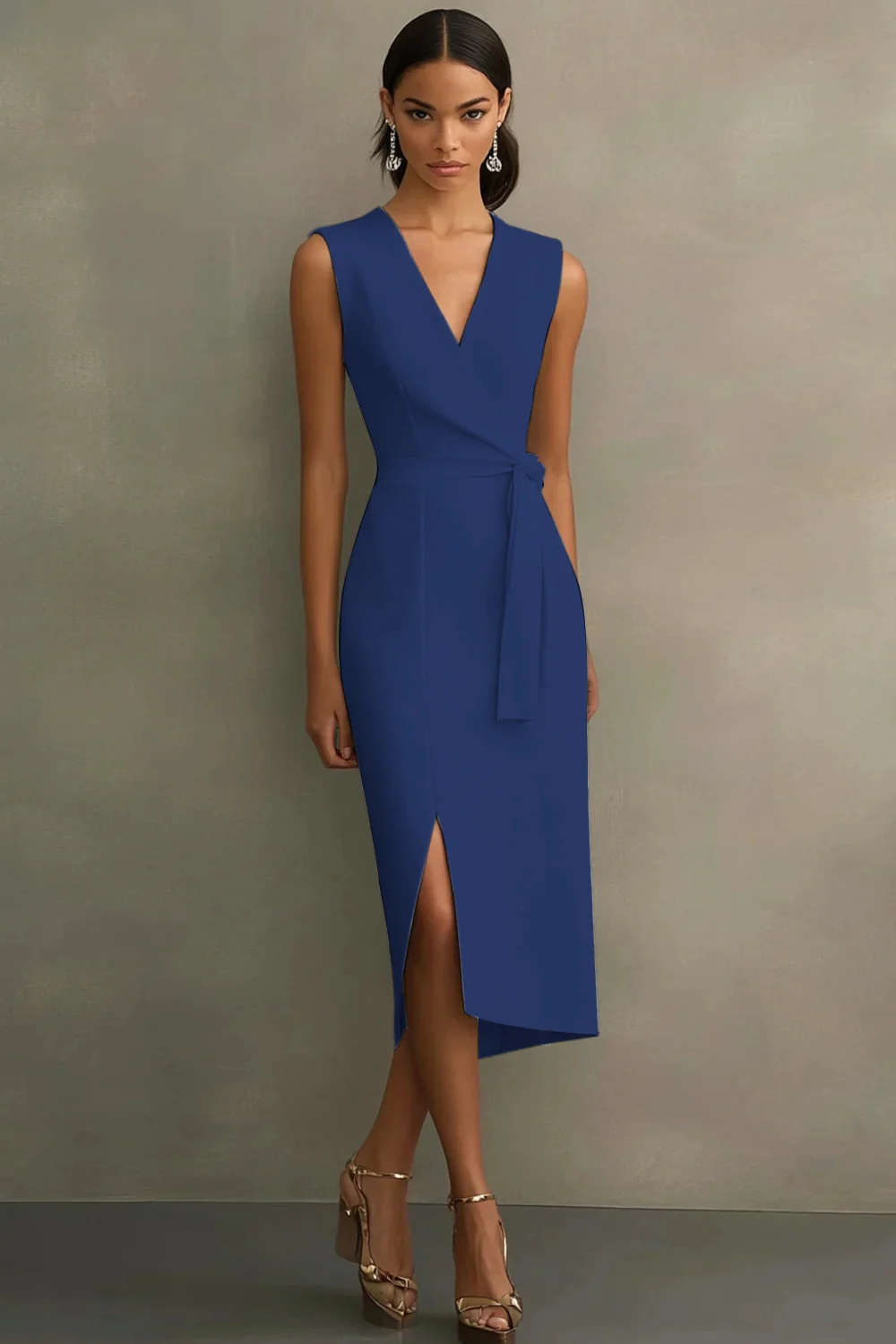 White Satin V-Neck Formal Dress with Belt - Image 7