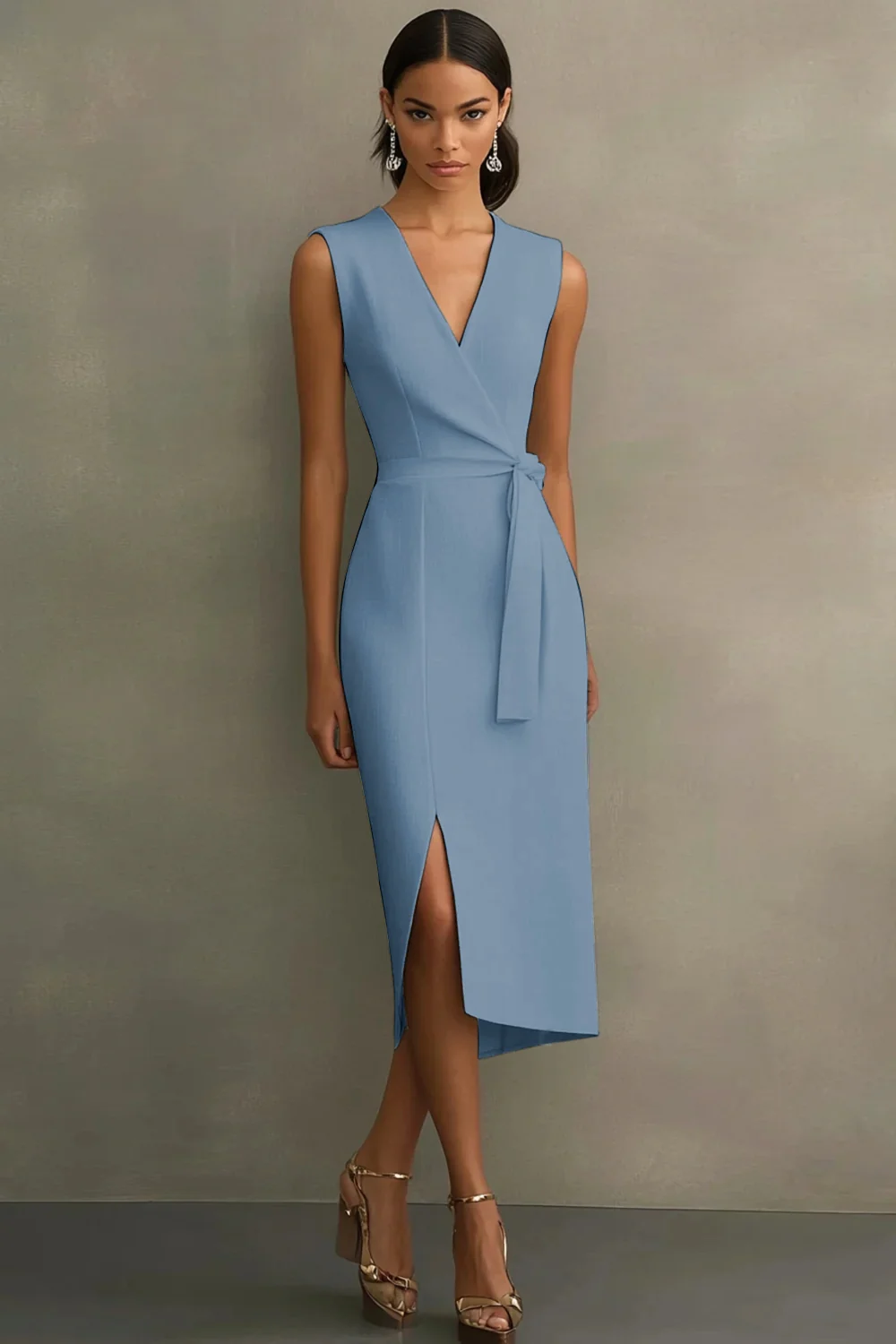 White Satin V-Neck Formal Dress with Belt - Image 8