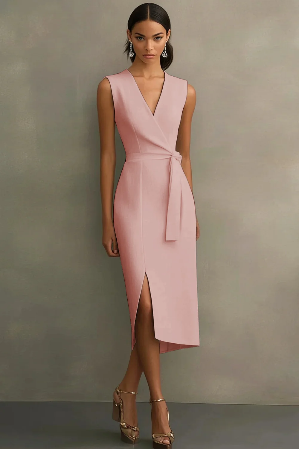 White Satin V-Neck Formal Dress with Belt - Image 9