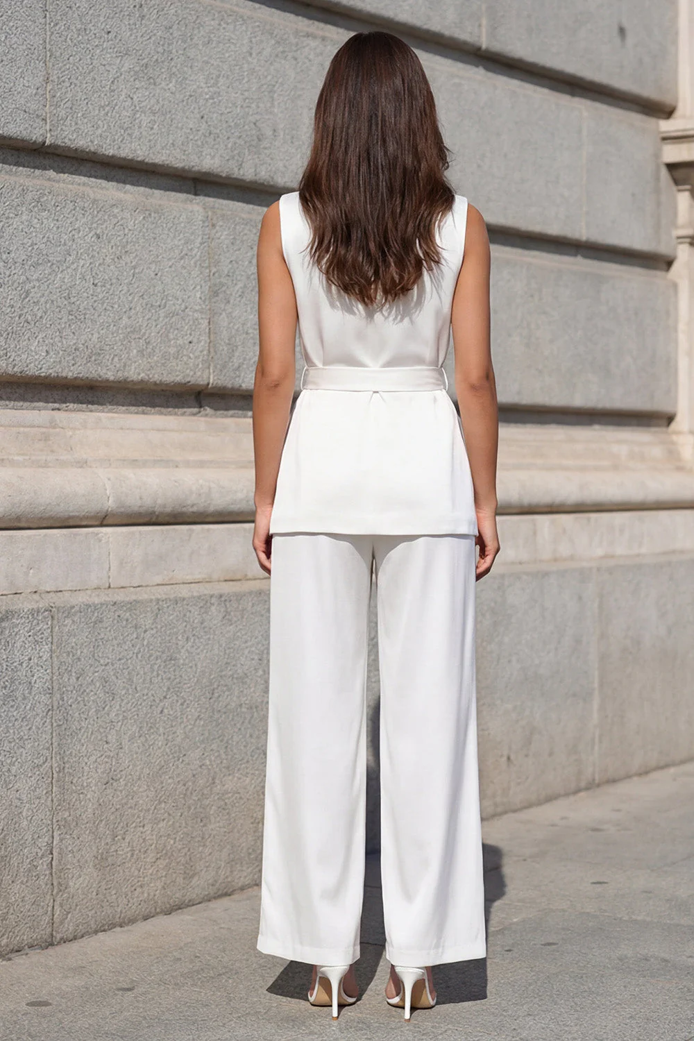 White Shawl Lapel 2-piece Women Suits with Belt - Image 2