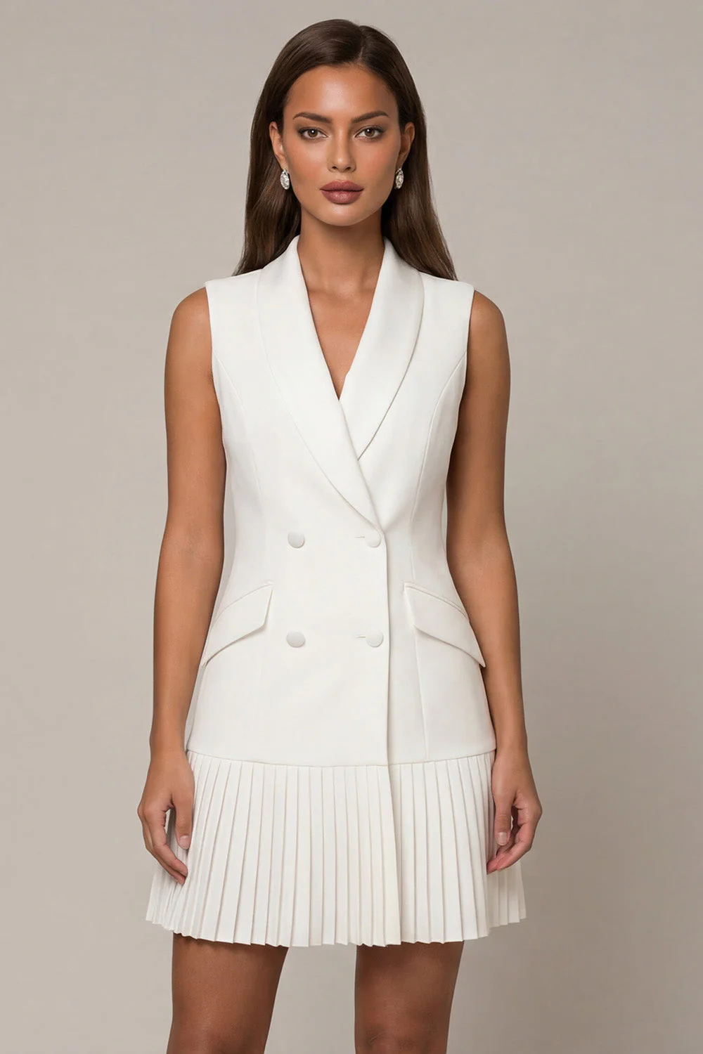 White Shawl Lapel Pleated A Line Short Work Dress