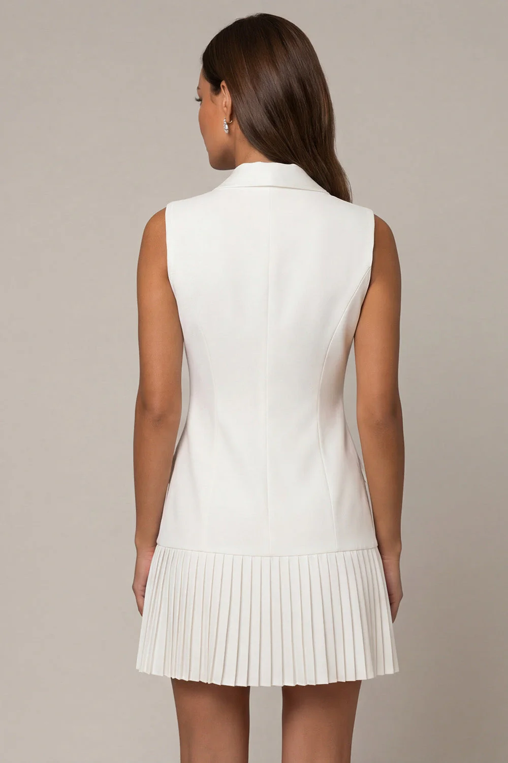 White Shawl Lapel Pleated A Line Short Work Dress - Image 2