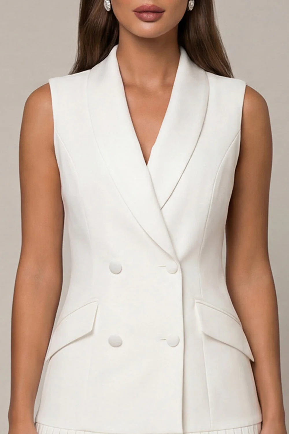 White Shawl Lapel Pleated A Line Short Work Dress - Image 3