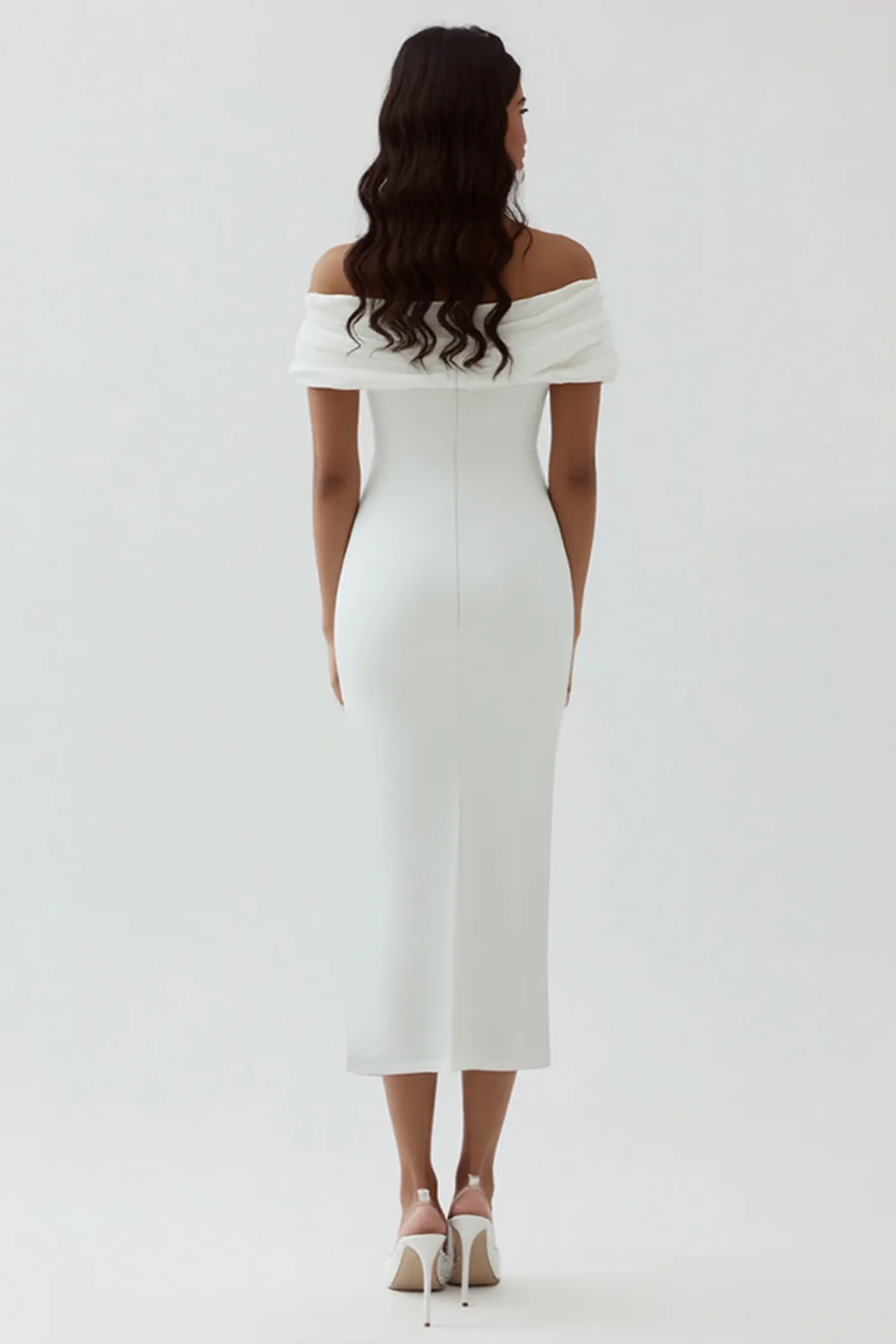 White Sheath Off the Shoulder Matte Satin Asymmetrical Graduation Dress - Image 2