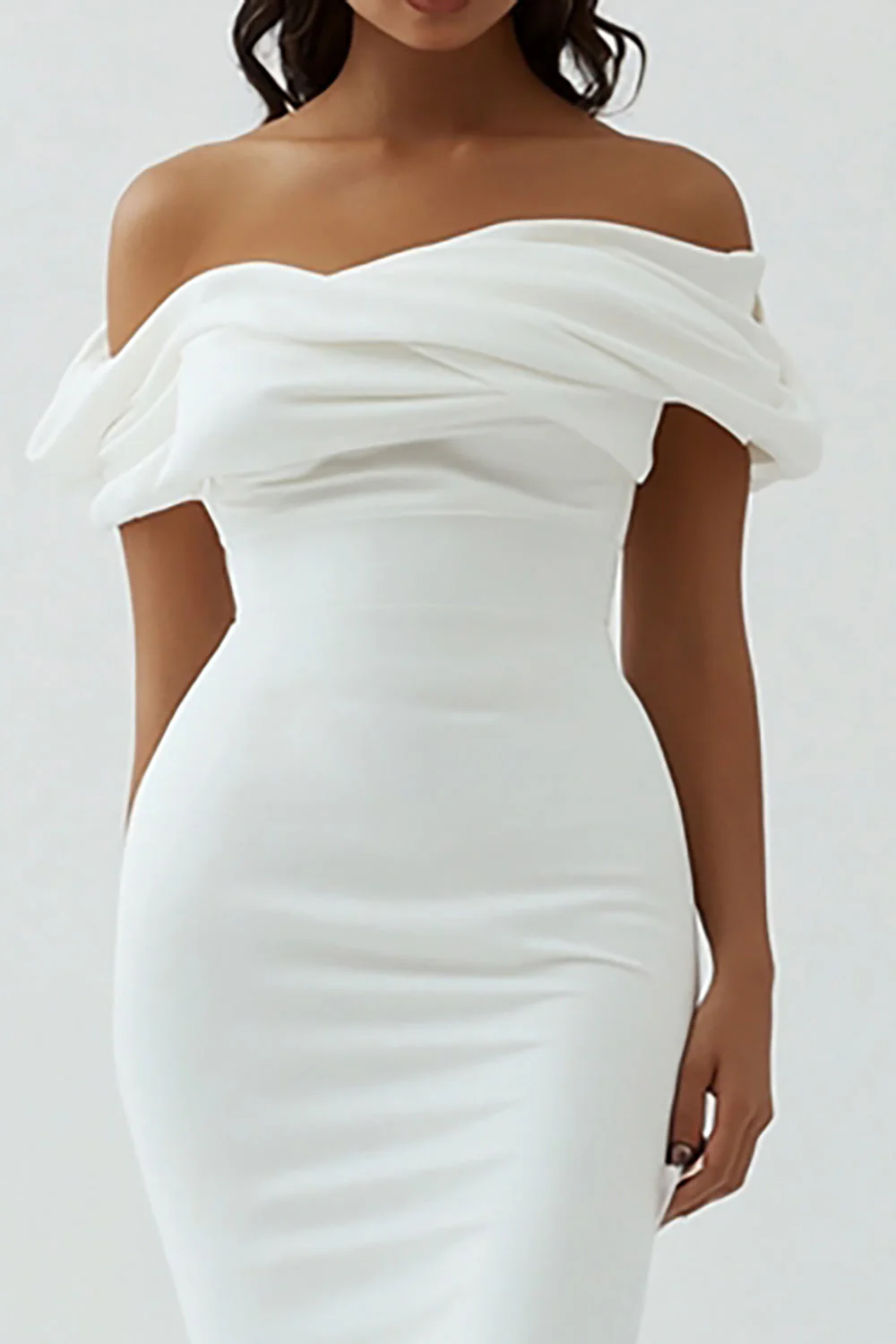 White Sheath Off the Shoulder Matte Satin Asymmetrical Graduation Dress - Image 3