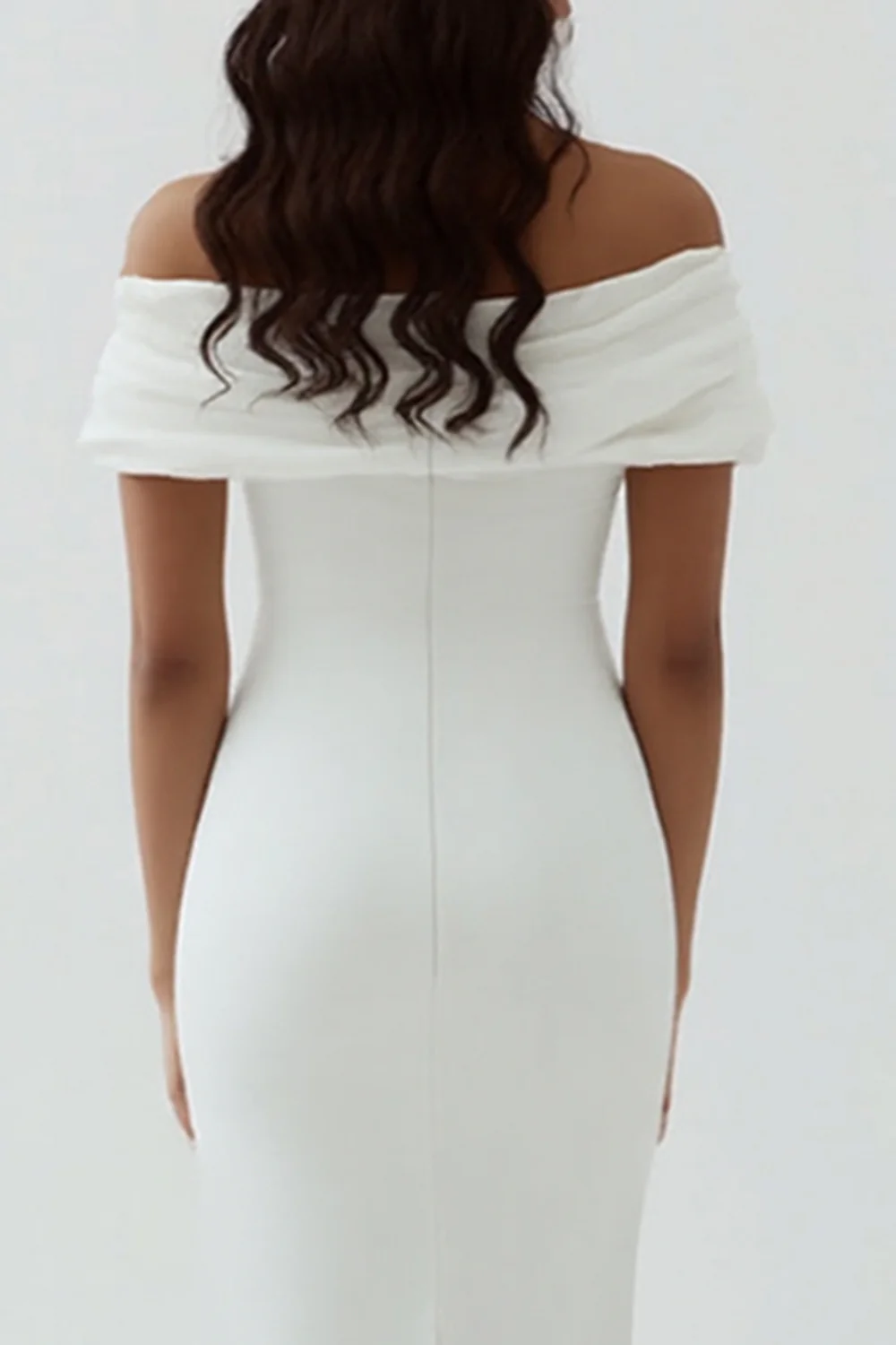 White Sheath Off the Shoulder Matte Satin Asymmetrical Graduation Dress - Image 4