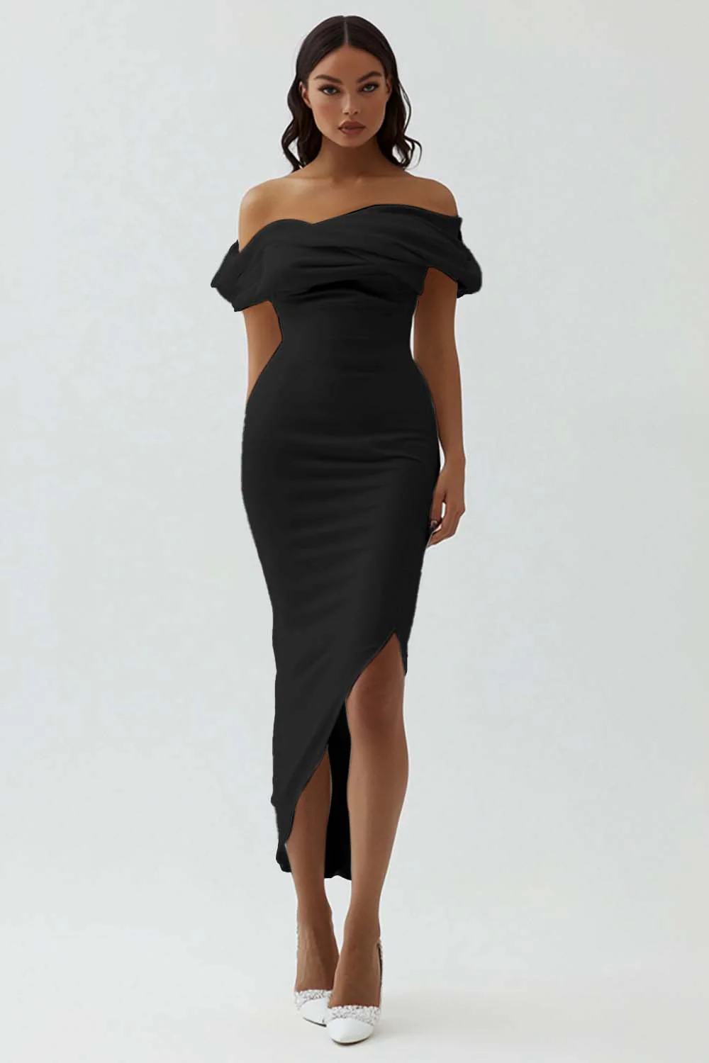 White Sheath Off the Shoulder Matte Satin Asymmetrical Graduation Dress - Image 5