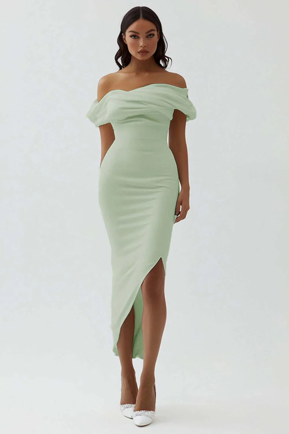 White Sheath Off the Shoulder Matte Satin Asymmetrical Graduation Dress - Image 6