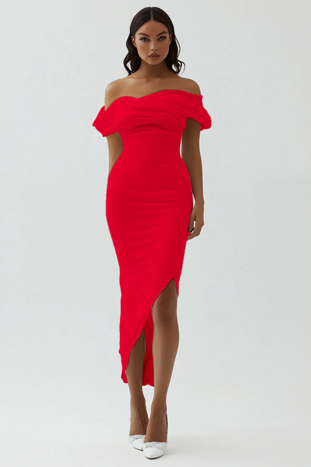 White Sheath Off the Shoulder Matte Satin Asymmetrical Graduation Dress - Image 9