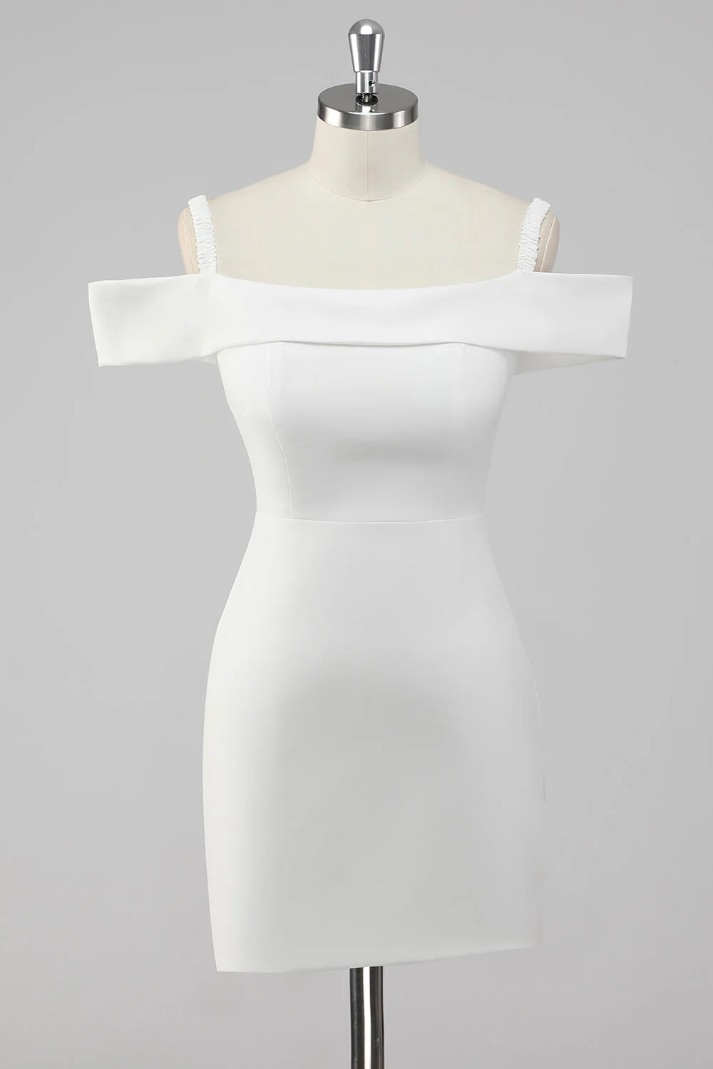 White Bodycon Off the Shoulder Satin Short Graduation Dress - Image 7