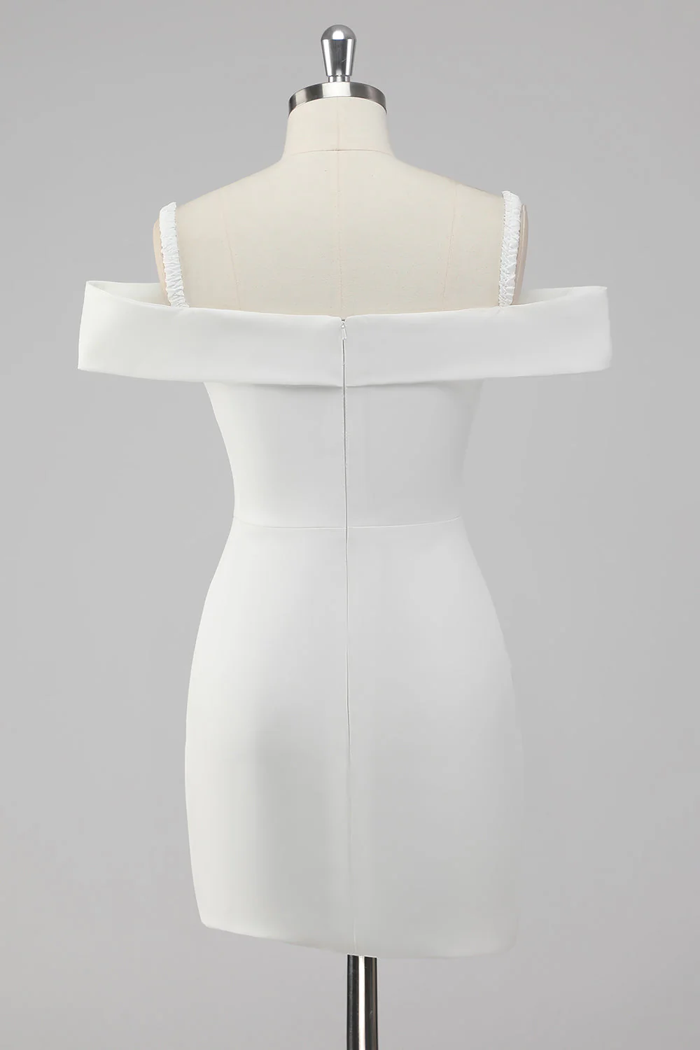 White Bodycon Off the Shoulder Satin Short Graduation Dress - Image 8