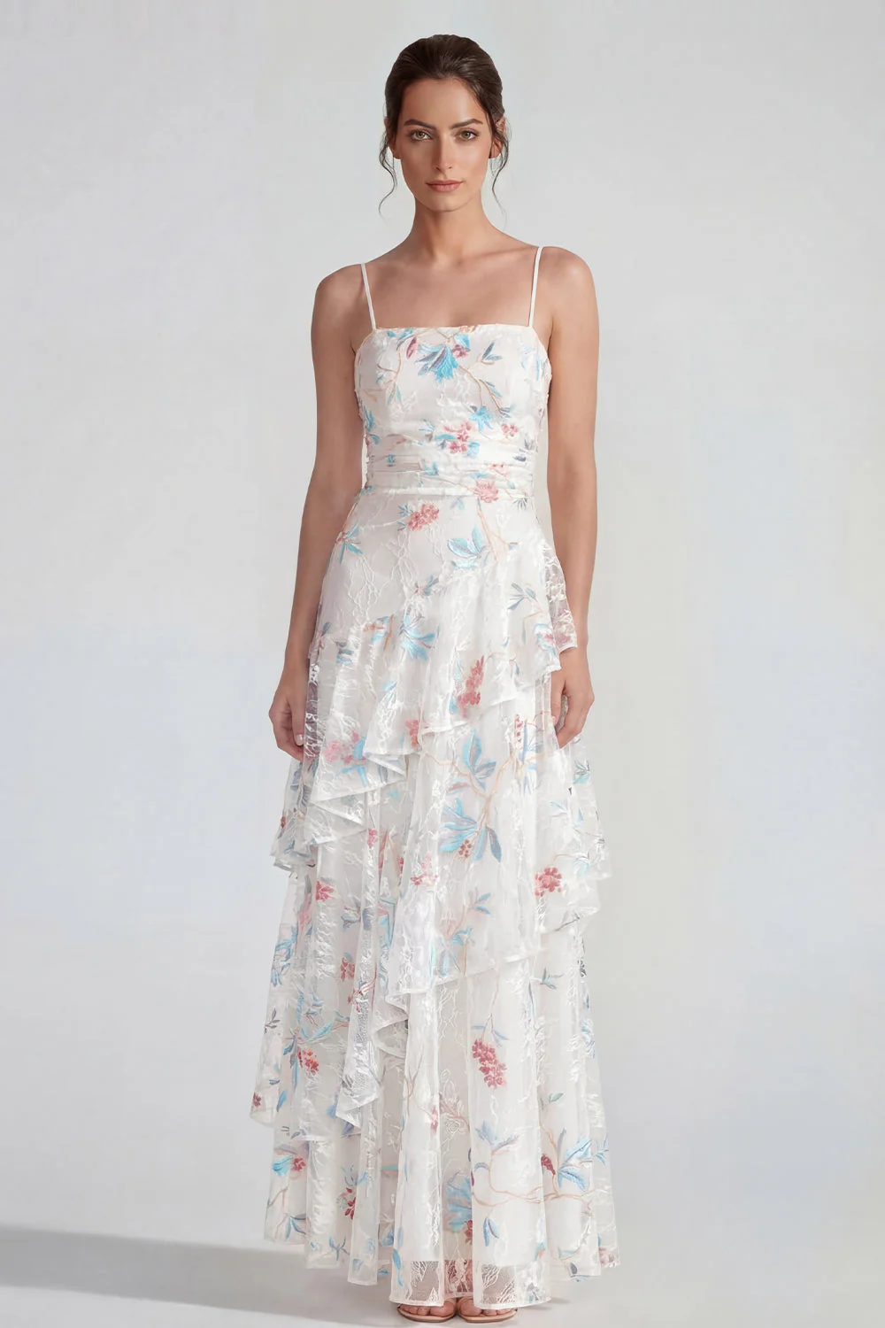 White Sheath Spaghetti Straps Maxi Multi Floral Dress with Ruffles