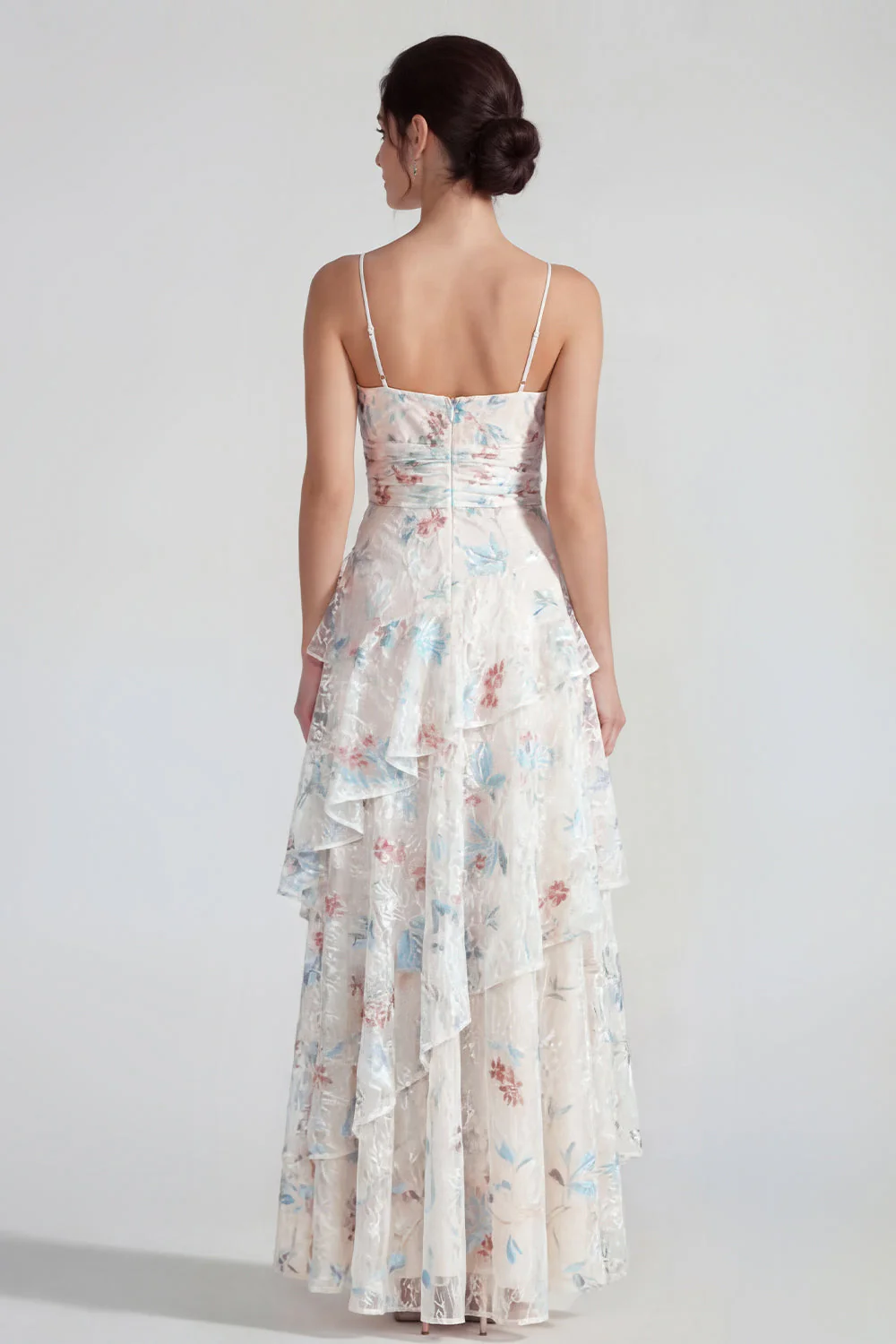 White Sheath Spaghetti Straps Maxi Multi Floral Dress with Ruffles - Image 2