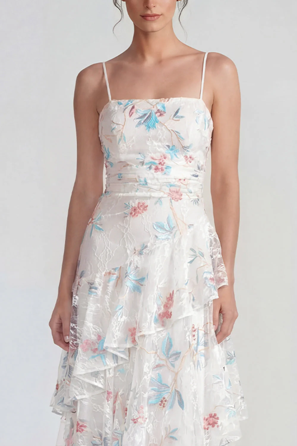 White Sheath Spaghetti Straps Maxi Multi Floral Dress with Ruffles - Image 3