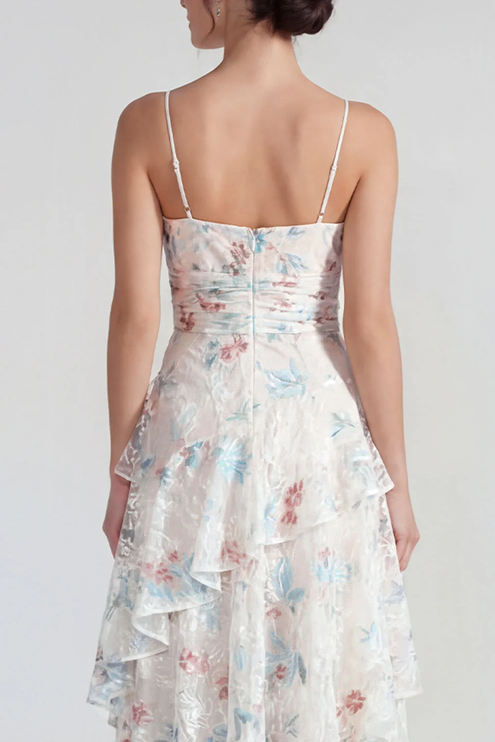 White Sheath Spaghetti Straps Maxi Multi Floral Dress with Ruffles - Image 4
