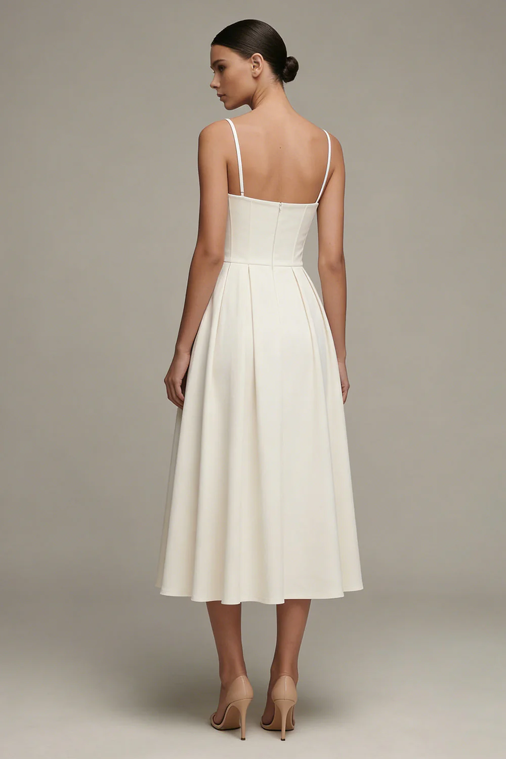 White Spaghetti Straps A Line Midi Engagement Dress - Image 2
